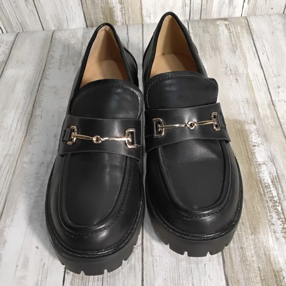 ZBY Black Leather Lug Sole Loafers Women's Size 5 Chunky Platform Horsebit shoe